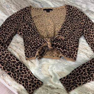 Ultra crop sweater tie front leopard print